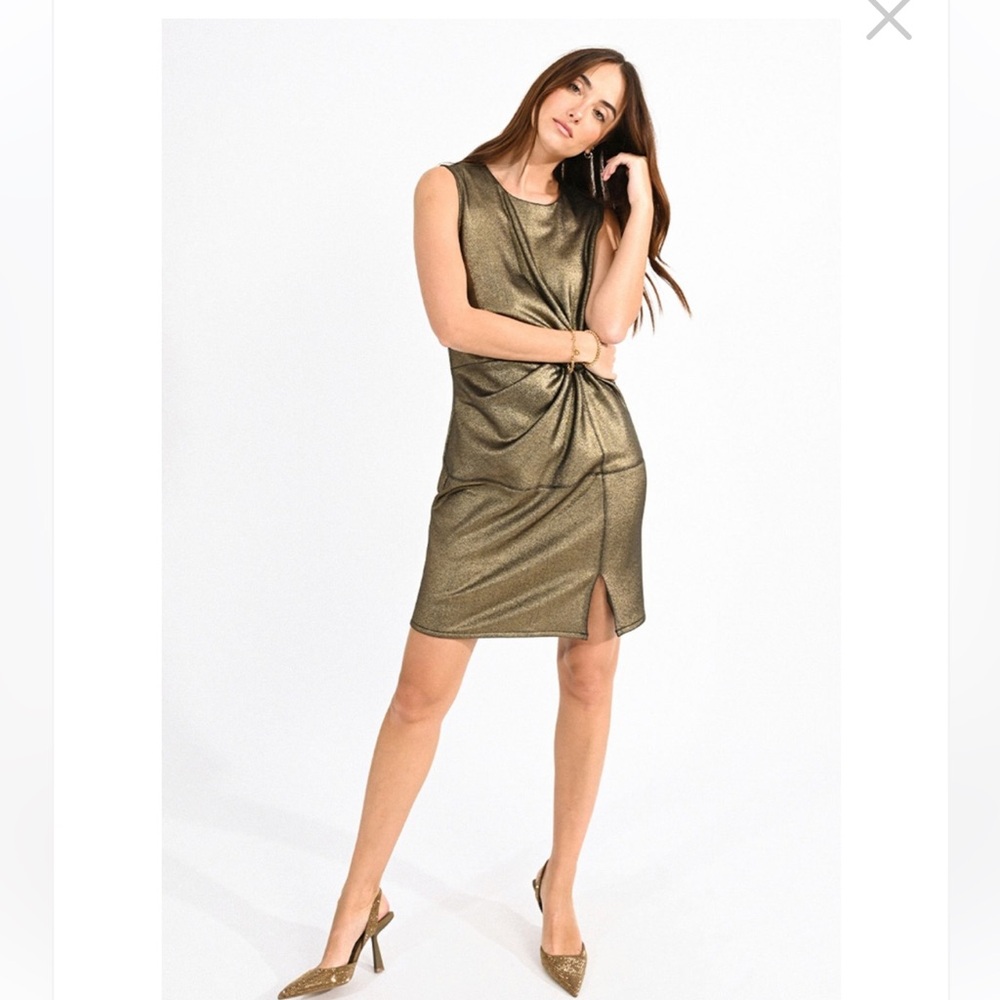 NWT Molly Bracken front tie twist mini dress small gold shimmer sexy cocktail